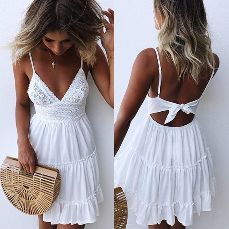 Summer Women Lace Dress Sexy Backless V-neck Beach